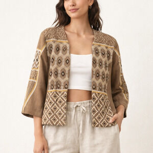 Chico’s Boho Linen Beaded Jacket Embroidered Open Front Size Large 12